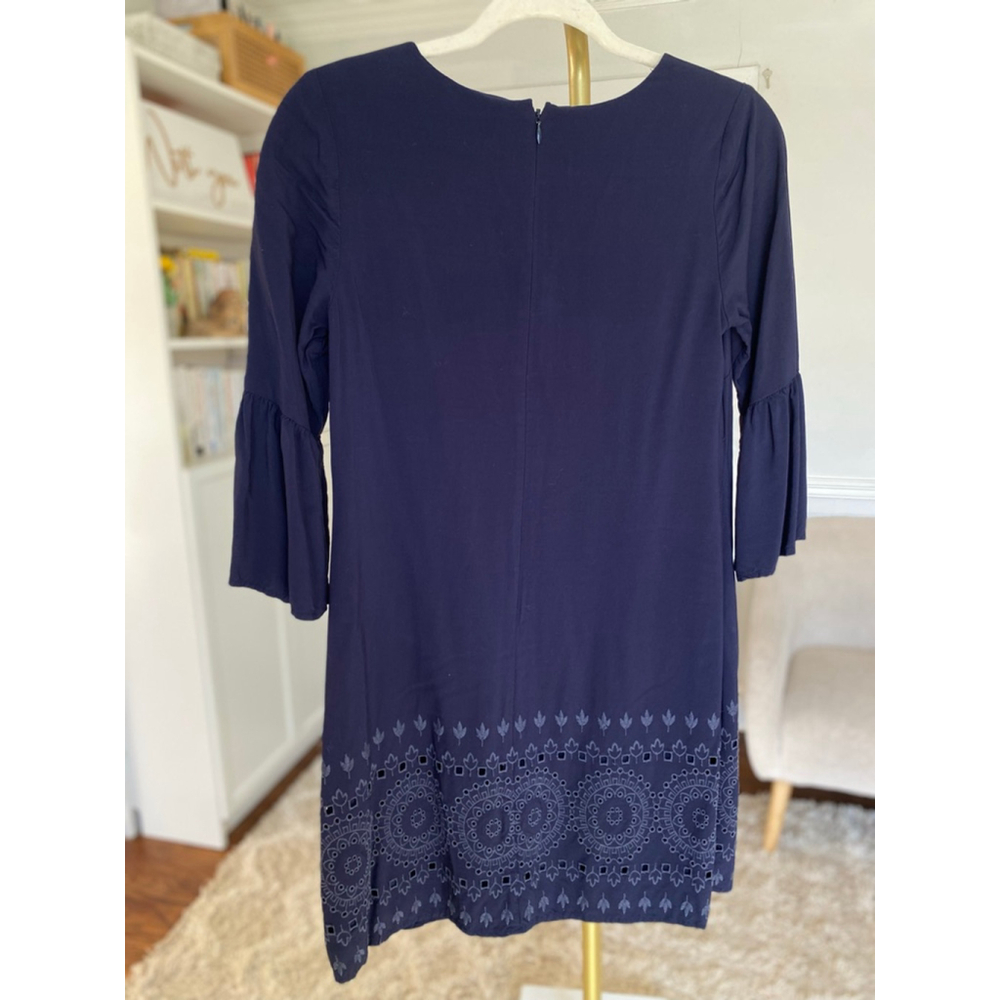 Crown And Ivy Mini Dress Navy Embroidered Bell Sleeve Preppy 2 Quiet Luxury Boho - Picture 3 of 7